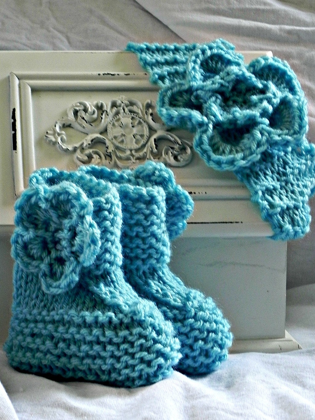 Hand knit  Earwarmer/Headband with Crochet Flower with Matching Booties for Baby in Robin's Egg Blue