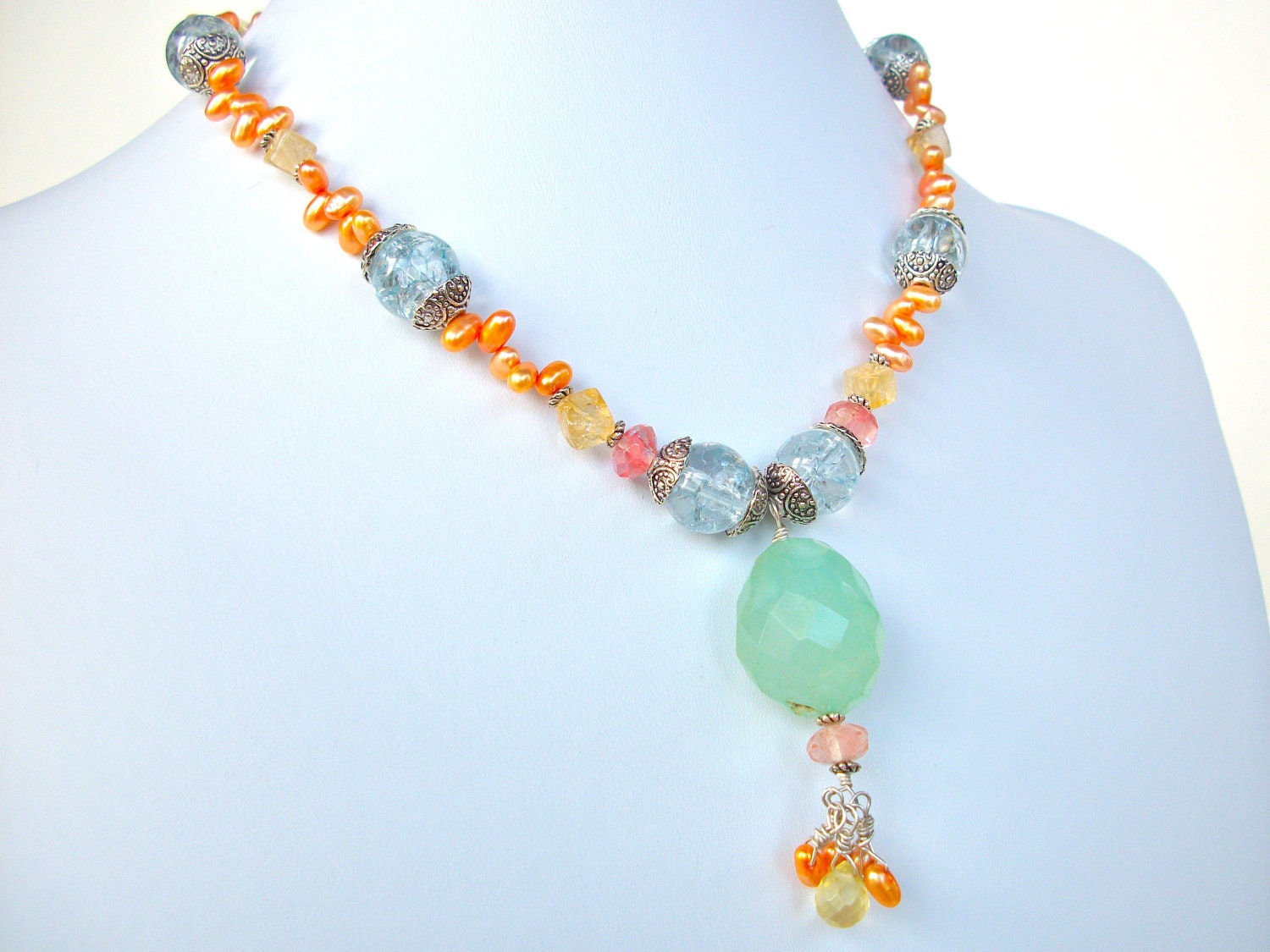 Colorful gemstone necklace sterling silver, green chalcedony, yellow citrine, pink cherry quartz, orange pearls, and blue crackle quartz