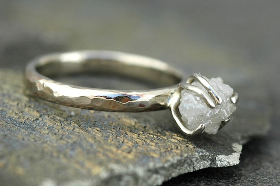 Prong-Set Rough Large Diamond Engagement Wedding Two Ring Set in 18k White or Yellow Gold- Size E Diamonds