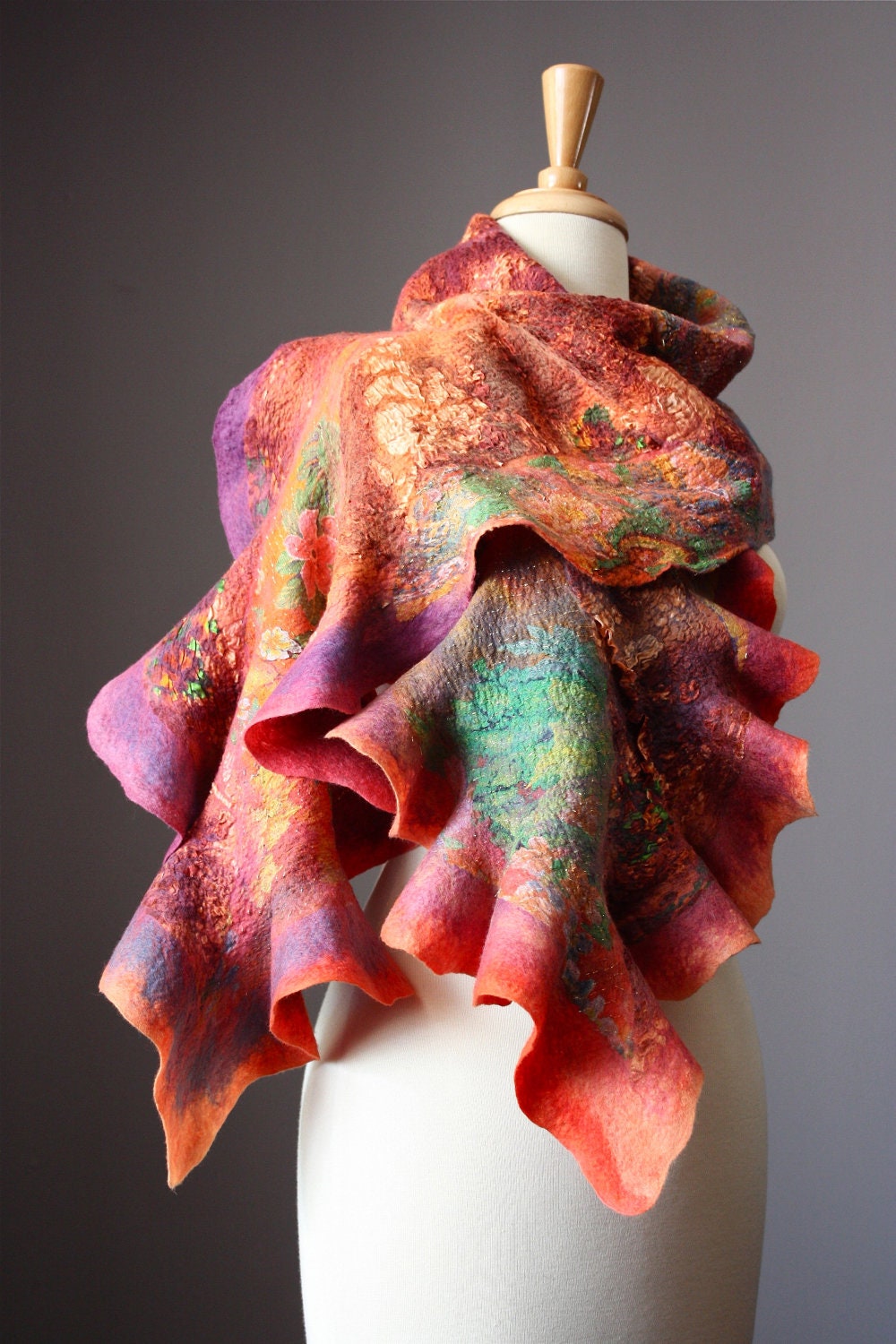 Nuno Felted scarf Wool silk collage ruffled purple green orange nunofelting by VitalTemptation