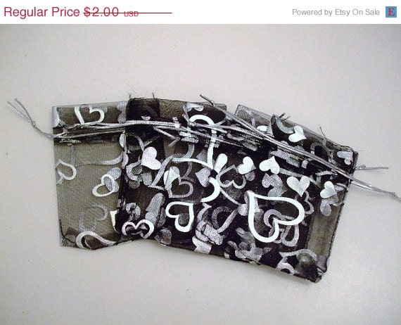 CIJ-JULY 4TH Sale 10 Black & Silver Stenciled Heart Print Organza Voile Gift-Jewelry Bags