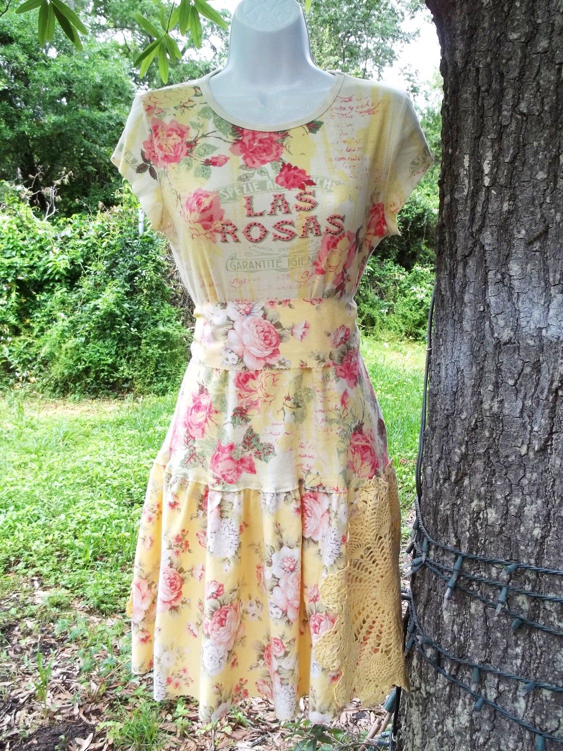 Upcycled Prairie Dress Refashioned Altered Repurposed Yellow Pink Roses Doily Garden Wedding Bridesmaid Sz M/L