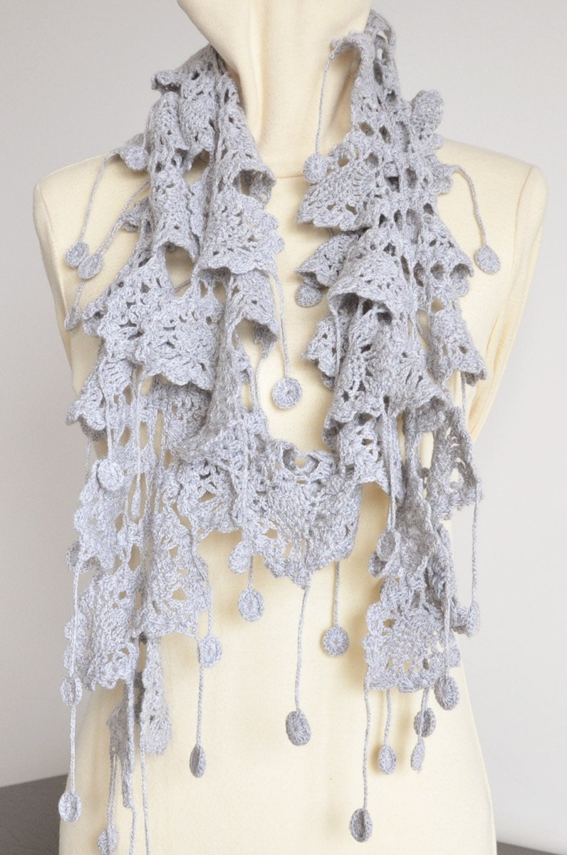 ZIGZAG - GREY - Crochet wool lace long scarf