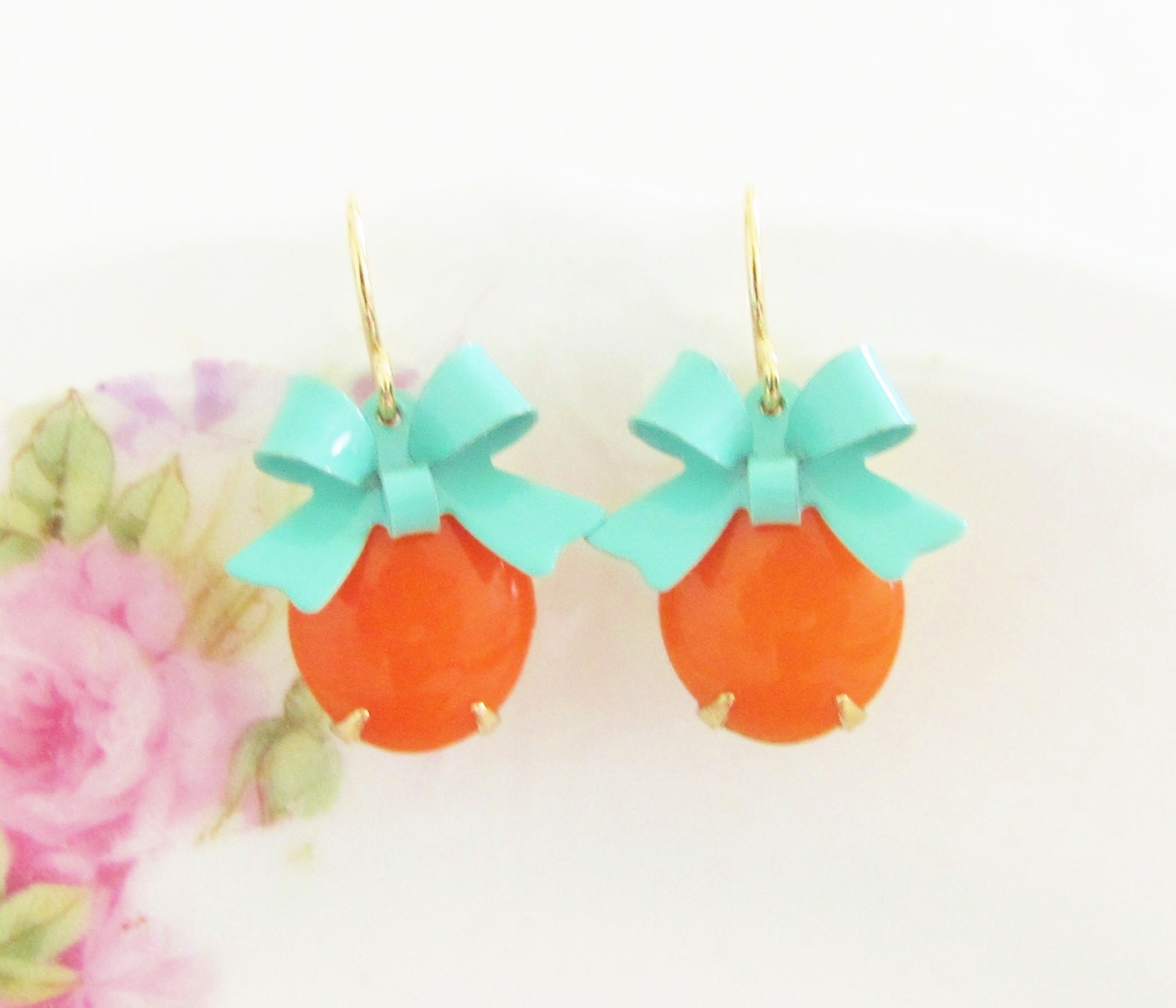 Tangerine Orange Turquoise Bow Earrings -Vintage Tangerine Orange Jewel and Turquoise Bow Dangle Earrings - Preppy, Wedding, Bridesmaid