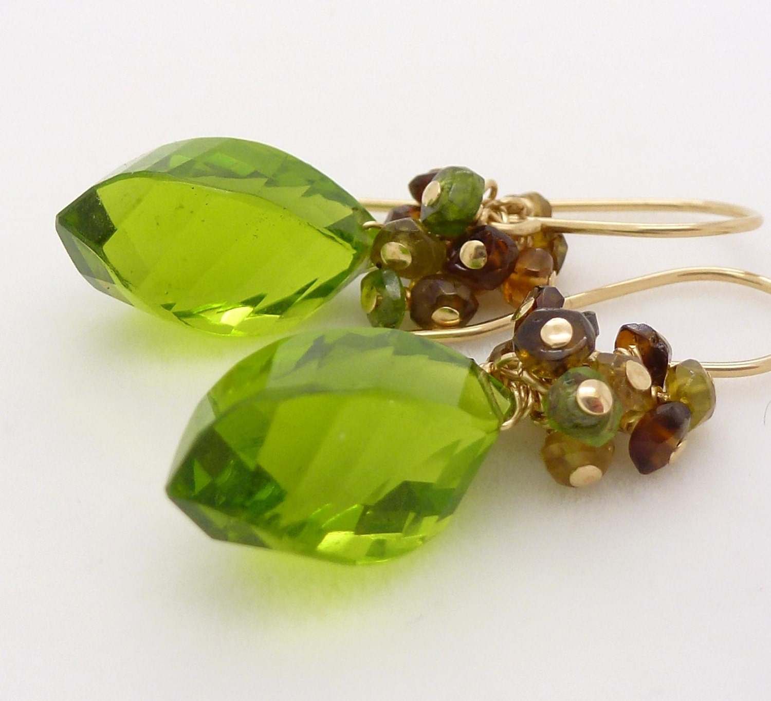 Green quartz earrings, gold brown olive green jewelry, brown and green earrings, gold fill wire wrap jewelry handmade