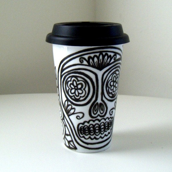Father's Day Gift Ceramic Eco Tumbler Sugar Skull Flowers Mexican Folk Art Tattoo Day of the Dead Black White - READY TO SHIP