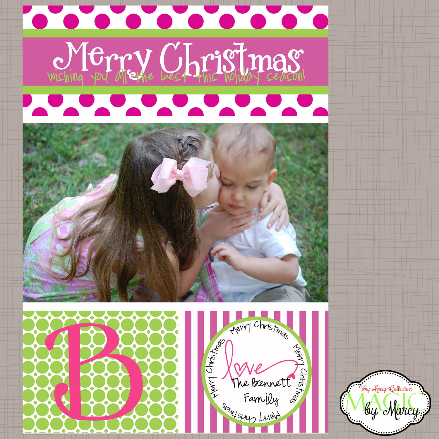 Green and Pink Monogram Merry Christmas Card Il_570xn
