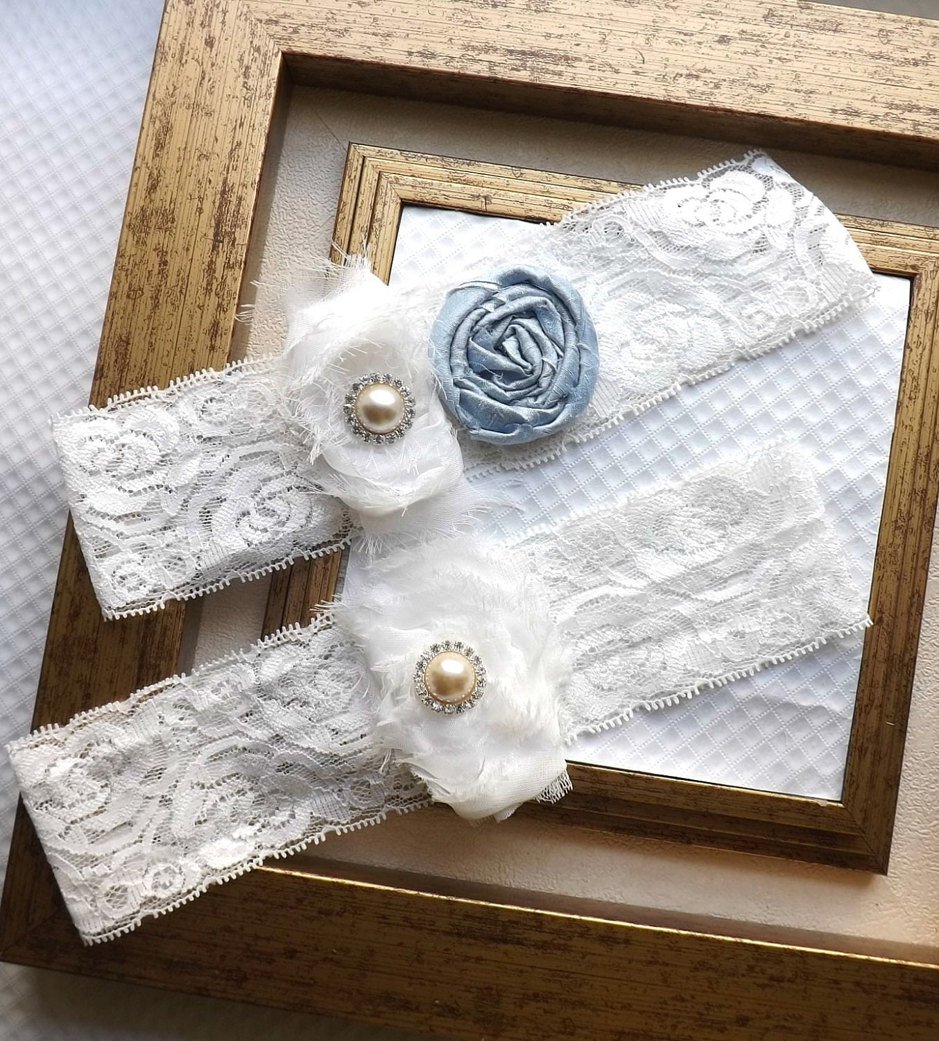 Ivory Wedding Garter Set - Vintage Blue Wedding Bridal Garters - Something Blue Wedding Garter Set