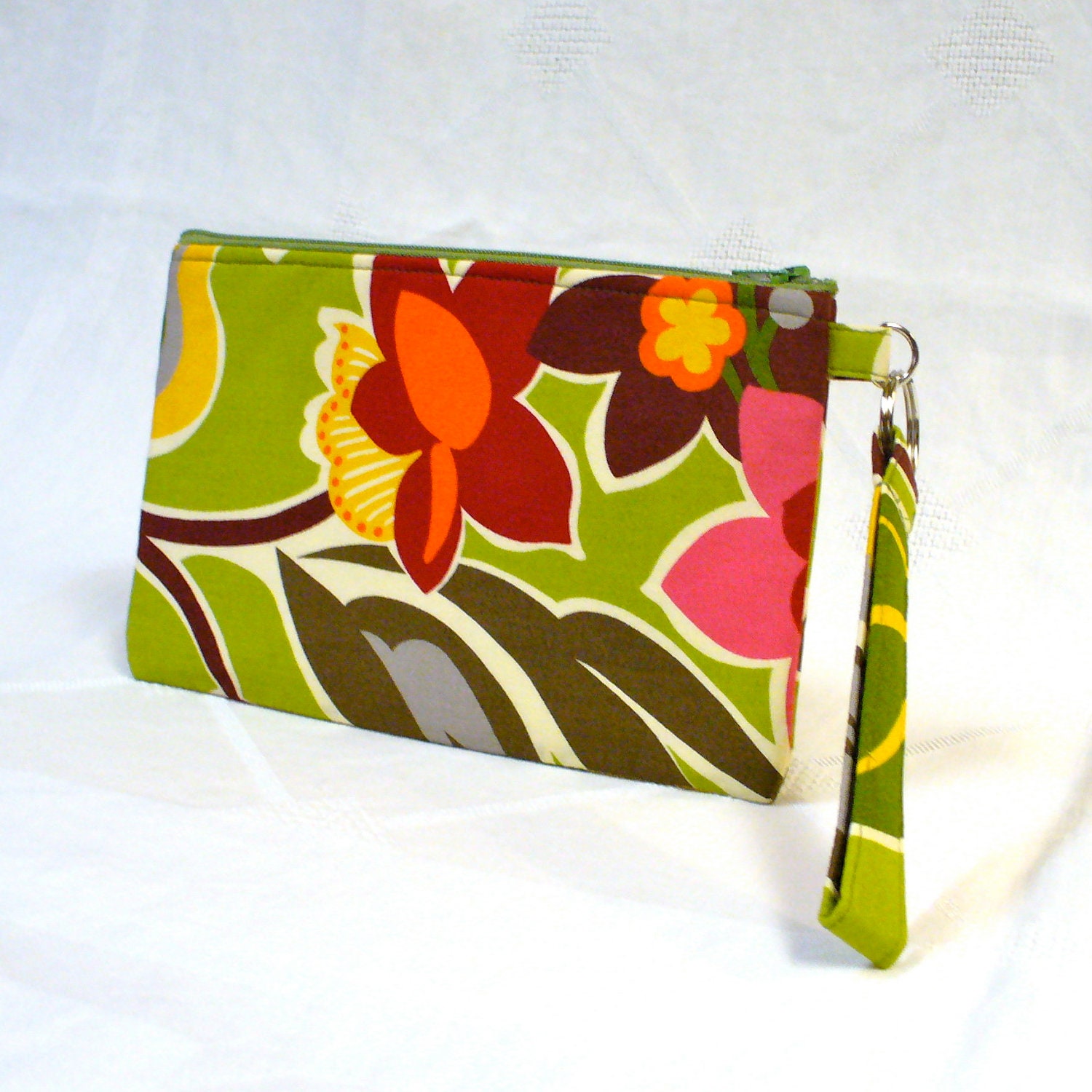 Sanae Fabric Wristlet Clutch Purse Zipper Pouch Cosmetic Bag Make Up Case Key Fob OZ Poppy Fields Apple Green Pink Handmade