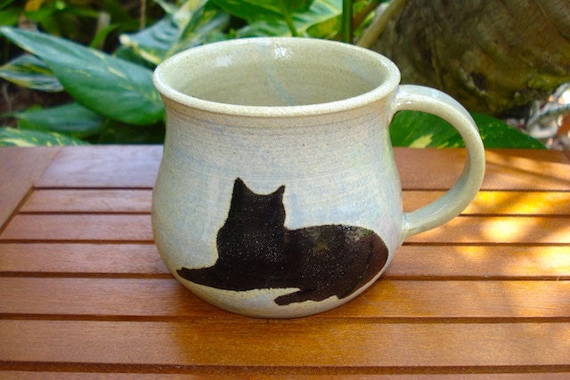 Pretty Handmade Light Blue Stoneware Mug with CAT Silhouettes