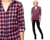 Plaid Flannel Shirt 90s TINY FIT Red Navy Blue Checkered Grunge Fitted 1990s Long Sleeve Button Up Vintage Women Extra Small xs