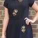 vintage 1950s dress/ 50s black rayon cocktail dress/ beaded floral appliqué