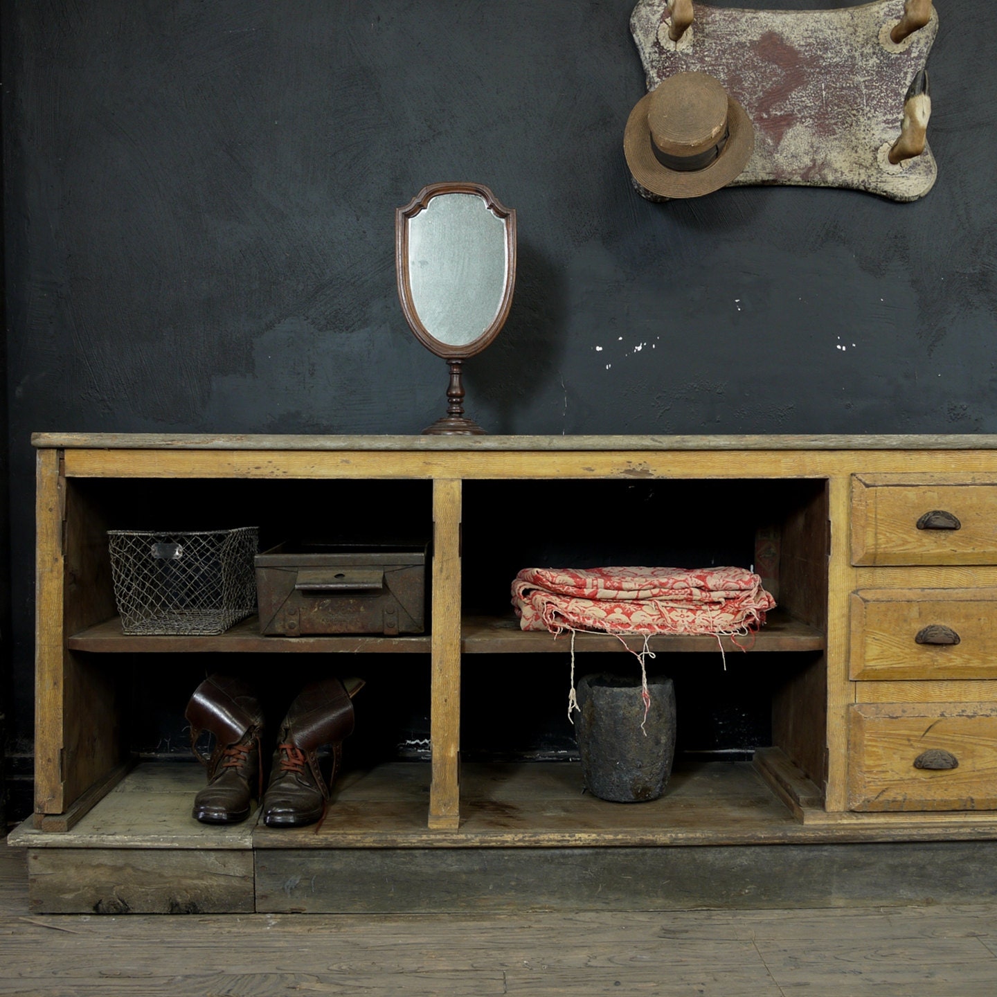 Antique American Cabinet, Grain Painted General Store Built-In