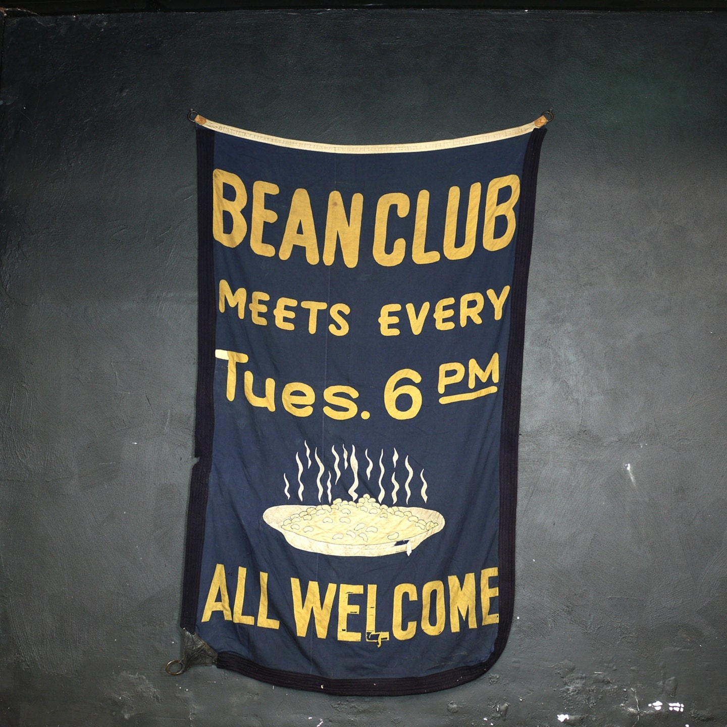Antique Bean Club Banner, Hand Stitched Folk Social Club Sign