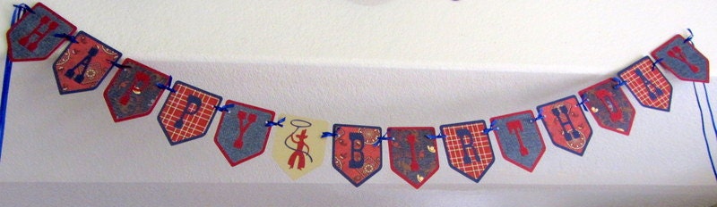 Denim Blue and Red Cowboy Western HAPPY BIRTHDAY Banner/Garland, party, decoration