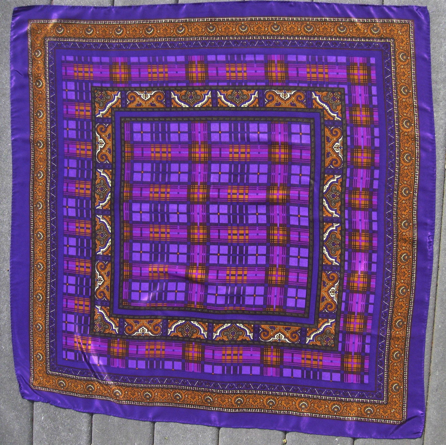 Vintage Scarf Neckerchief Plaid Paisley Purple Gold Check