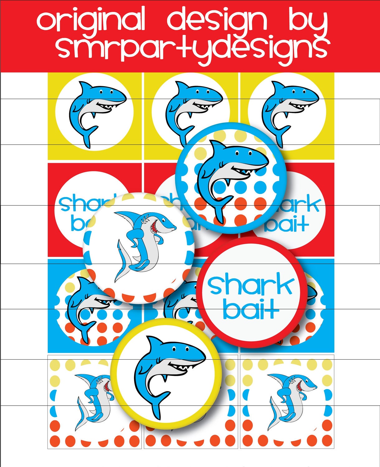 Shark 2 inch circles Cupcake Toppers pool party Collage Digital stickers toppers charms birthday party Supplies