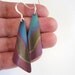 Blue and purple metal earrings. Lightweight and beautiful. Tie-dye-esque pattern. Triangle dangle earrings. Silver earwires. Upcycled.