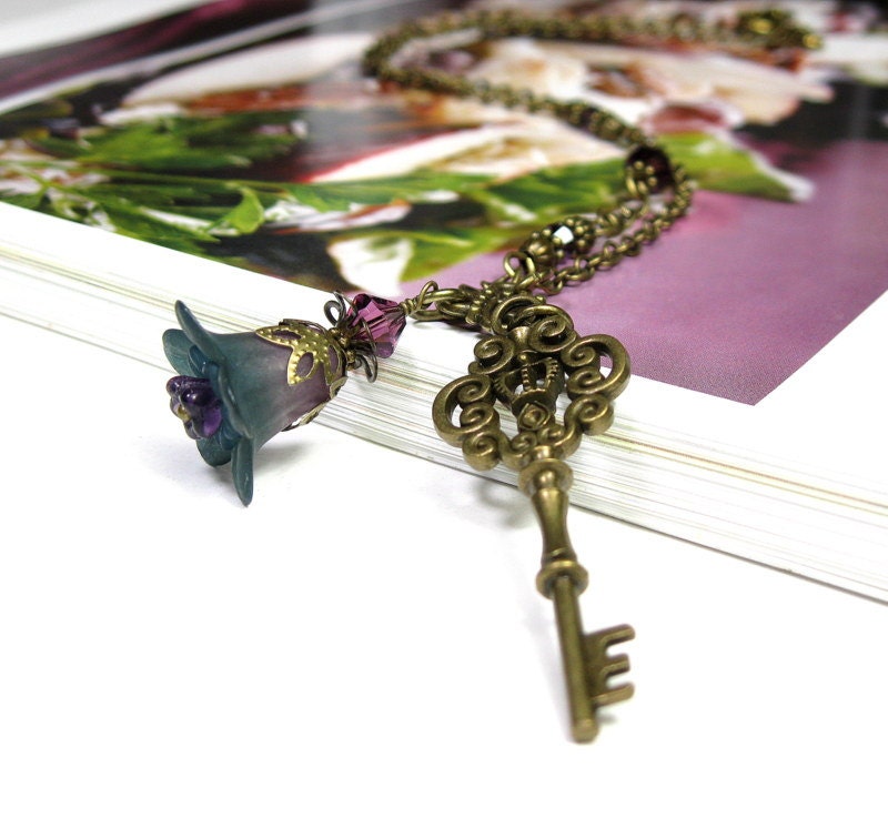 Amethyst Flower, Antiqued Brass Key, Pendant Necklace