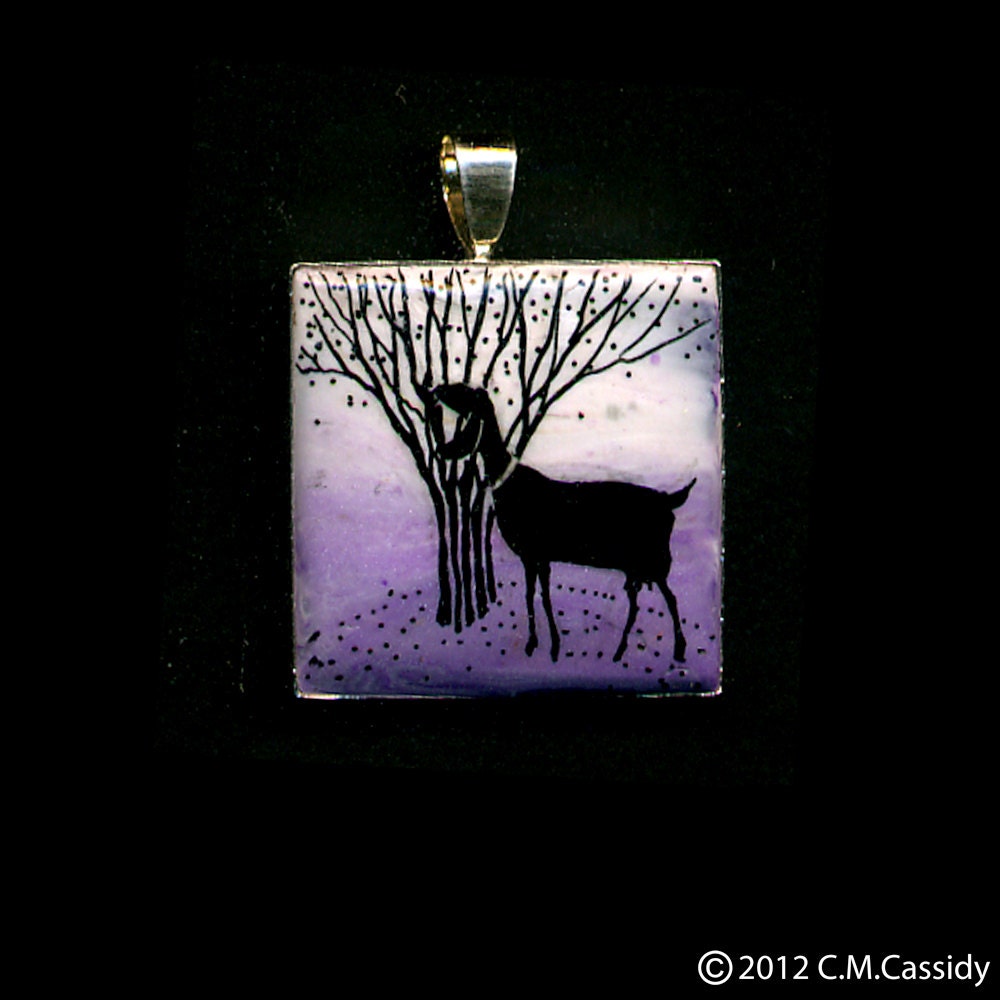 Nubian Doe Nibbling at the Crape Myrtle Sterling Silver Bezel Pendant. Lavender. White. Black
