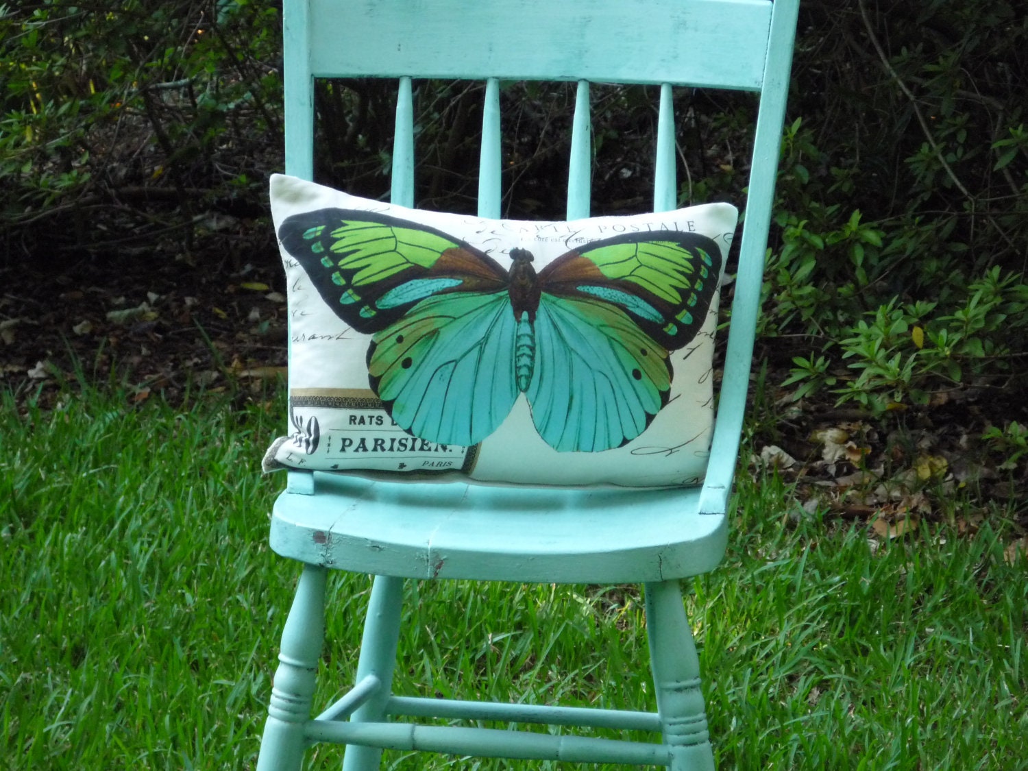 butterfly pillow cover linen french script home decor 12x18 butterflies turquoise typography paris