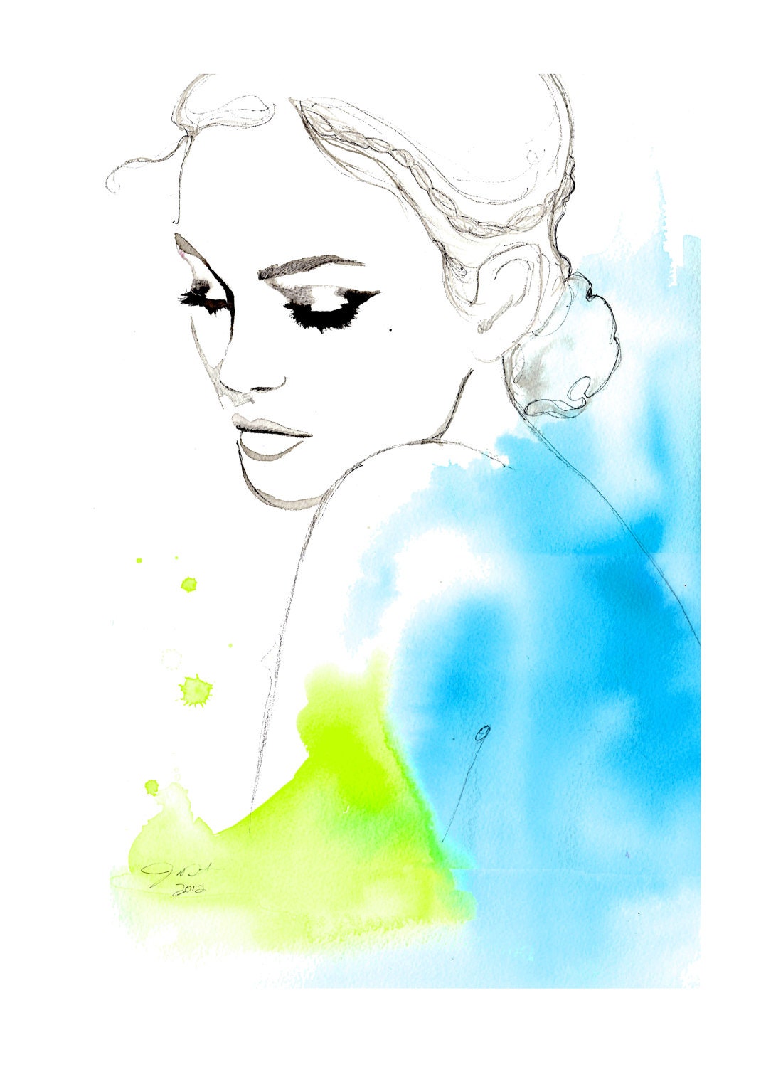 Print from original watercolor, india ink and pen fashion illustration by Jessica Durrant titled Earth Angel