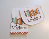 Airplane Applique, Bib and Burpcloth Set, Personalized, Burnt Orange, Stripe Fabric, Baby Boys