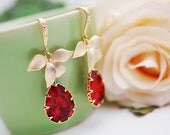 Wedding Jewelry Bridal Earrings Bridesmaid Earrings Matte gold plated leaf charm with Siam Red Swarovski Tear drops