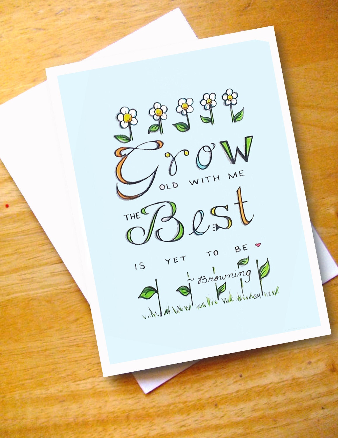 Blank Note Cards - Set of 4 - Grow Old With Me with Hues of Baby Blue, Yellow and Green