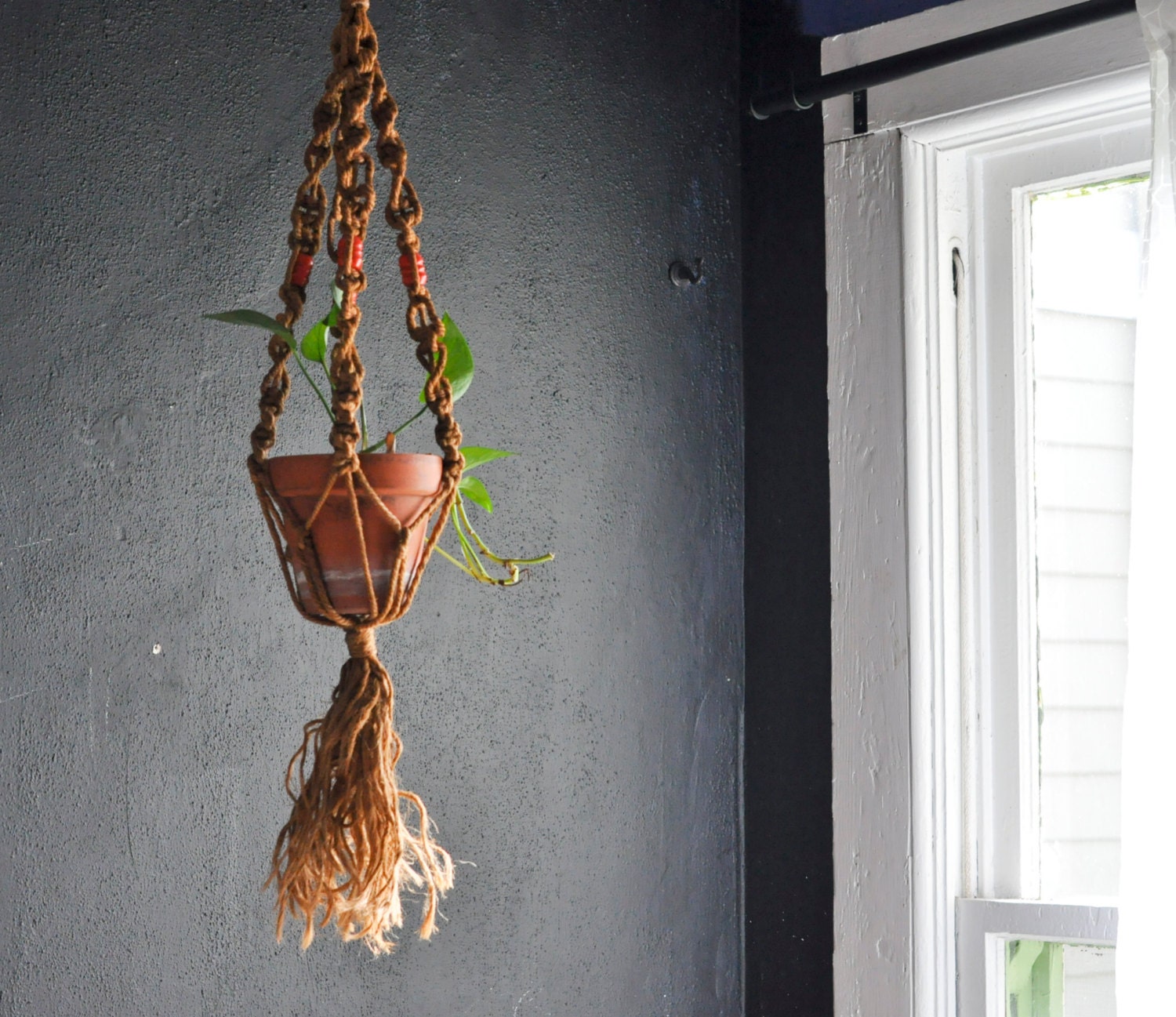 Vintage Jute Macrame Plant Holder 70s Handmade Home Decor Planter 1970s Craft