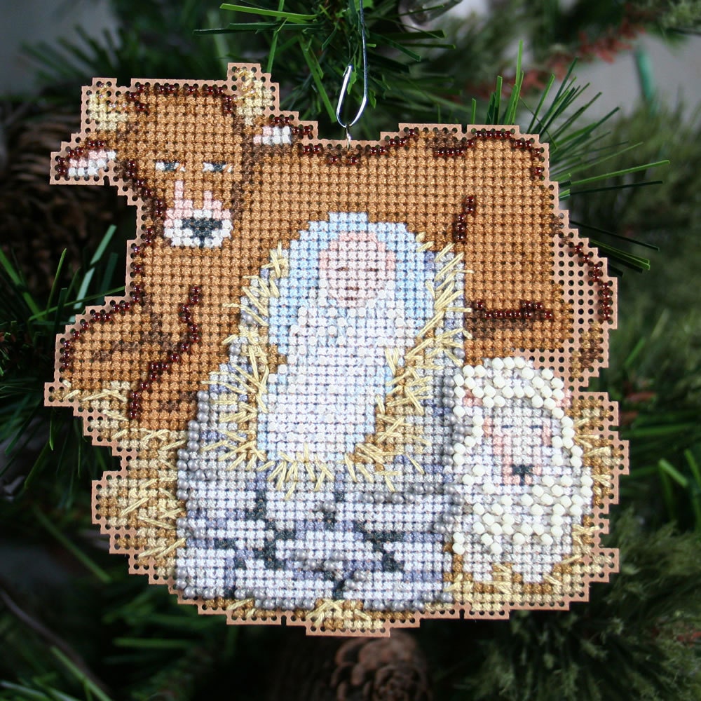 Baby Jesus Cross Stitched and Beaded Christmas Ornament - Free Shipping