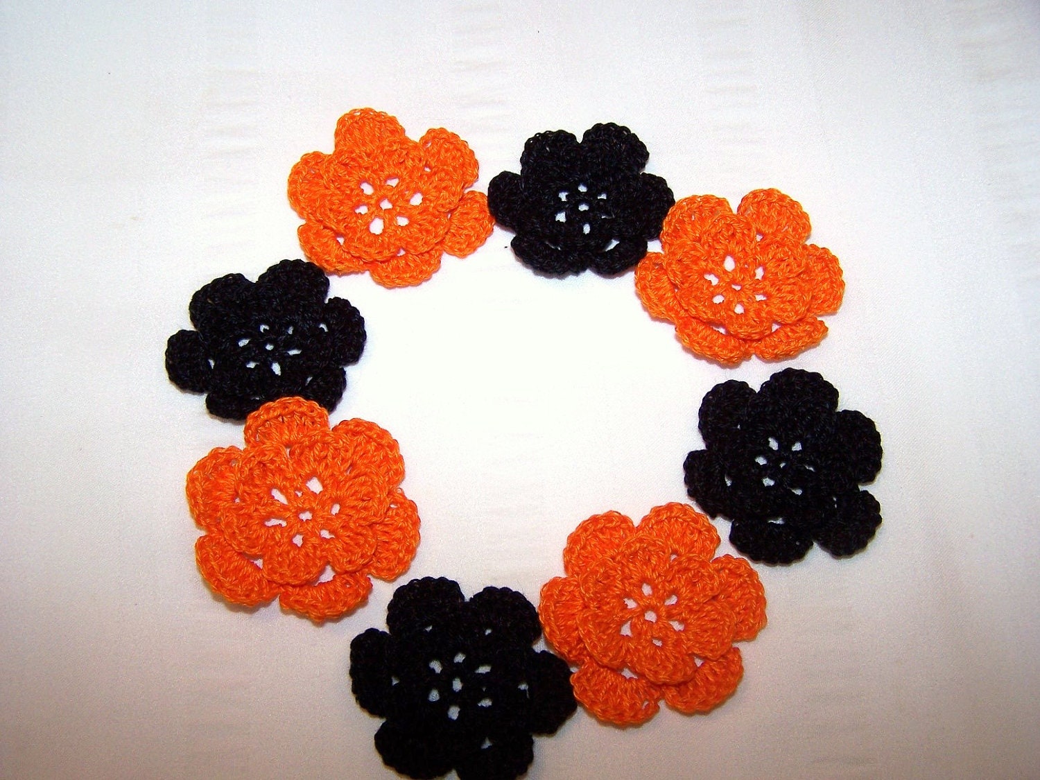 Crochet flower set of 8 cotton 1.5 inch orange black