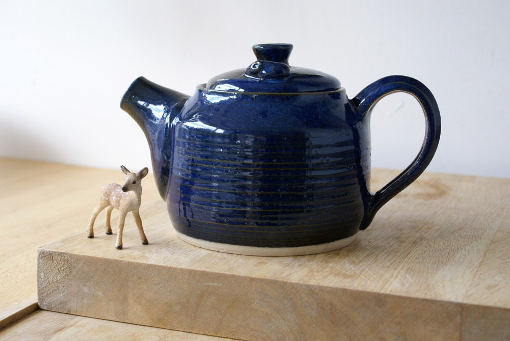 Pottery mouse teapot - wheel thrown and glazed in midnight blue