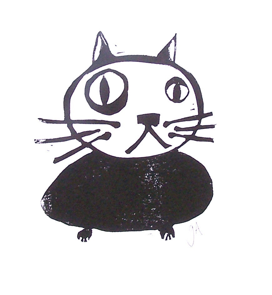 LINOCUT PRINT -  Black kitty 8x10