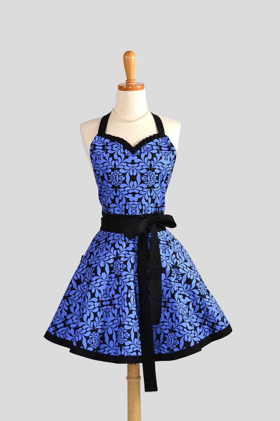 Sweetheart Retro Apron , Sexy Handmade Kitchen Apron in Royal Blue and Black Floral