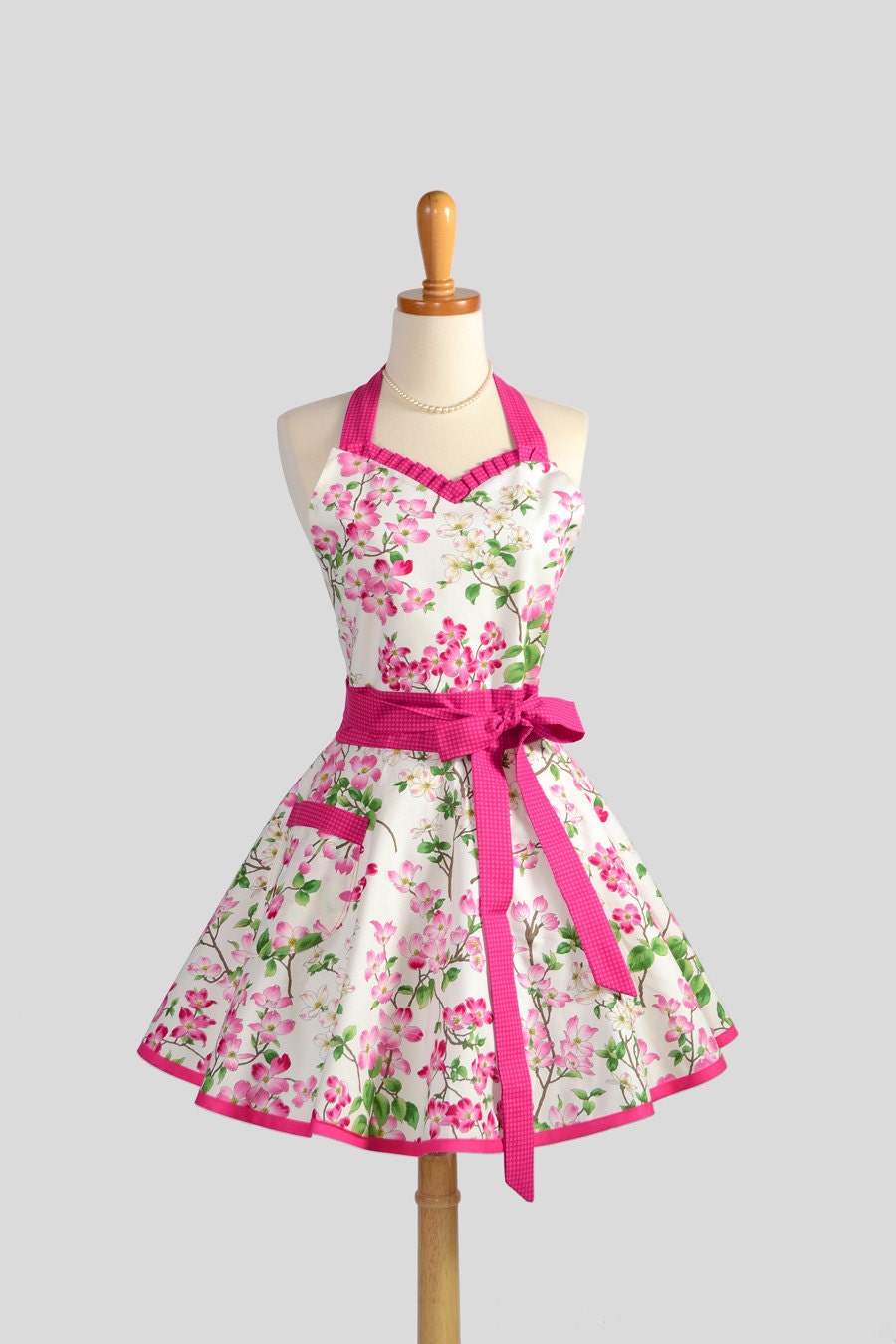 Sweetheart Retro Apron - Handmade Sexy Womens Apron in Cute Hot Pink Ruffles and Dogwood Blooms Cute Full Kitchen Apron