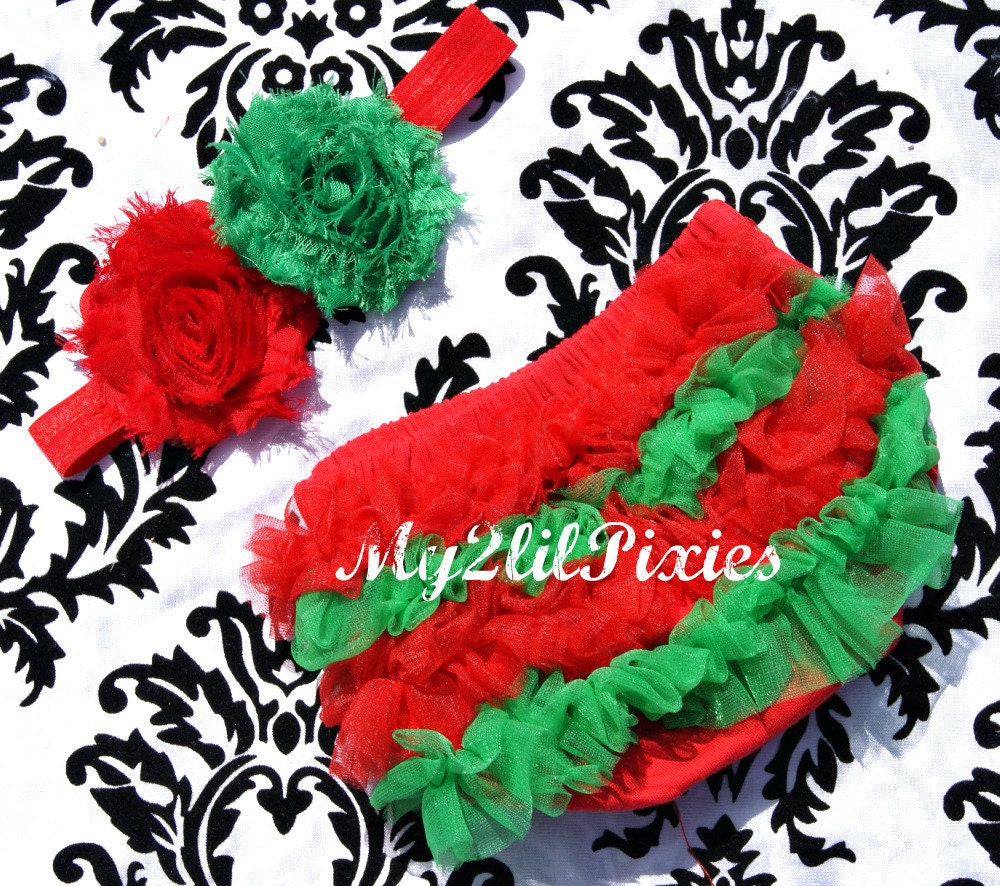 Christmas Set- Chiffon Ruffle Bum Baby Bloomer Diaper Cover and Baby Girl headband- Newborn Toddlers Photo Prop - Holiday Chirstmas pictures