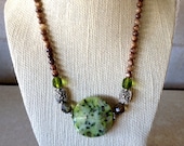 SALE. Stunning Chartreuse Kiwi Jasper and Mocha Mother of Pearl Necklace.