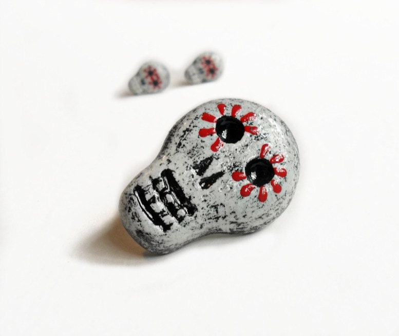 On Sale - Day of the Dead - Hand Painted / Hand Carved Skull Pin