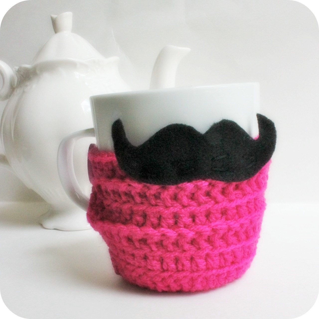 Mustache Coffee Mug Cozy Tea Cup hot pink black handlebar funny crochet cover