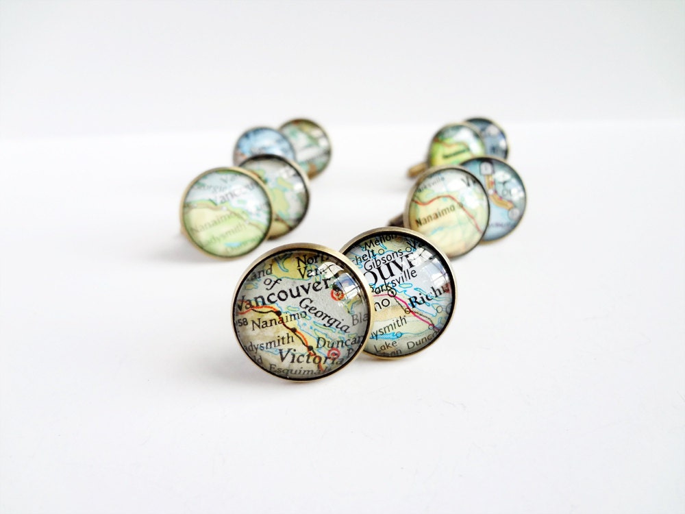 Father's Day  Personalized cufflinks, bronze, vintage travel maps, for him
