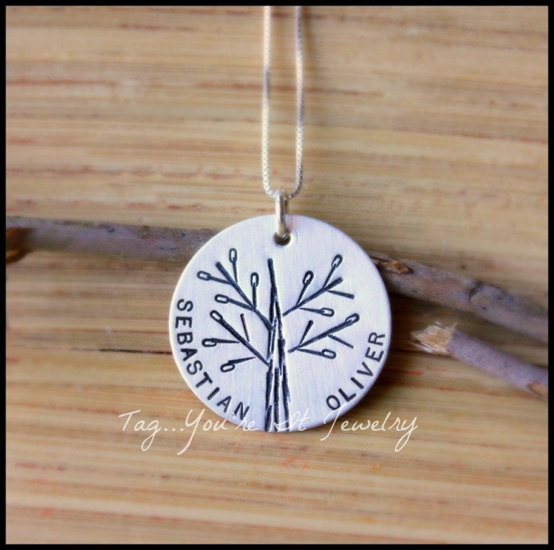 Family Tree with Names Necklace, sterling silver hand stamped, personalized by tagyoureitjewelry on etsy
