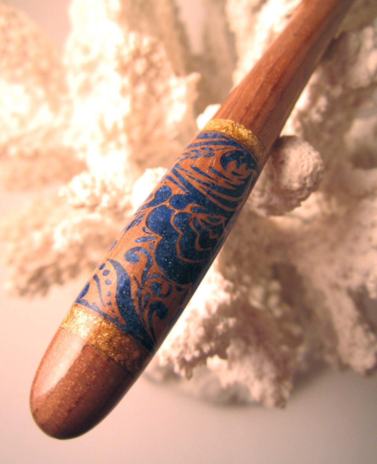 FRIDAY NIGHT SALE- The Brocade Hair Stick Featuring Satinwood Inlaid with Lapis and 14 Carat Gold Leaf