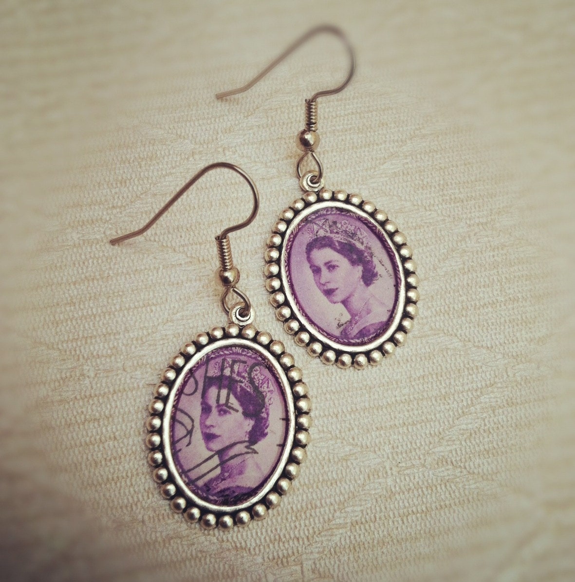 queen postage stamp earrings - purple.