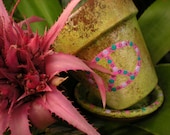Peace Sign Flower Pot - Hand Painted in Brown, Green and Pink