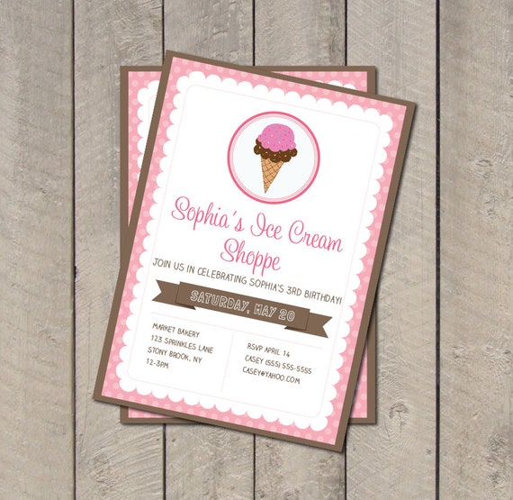 Ice Cream Shoppe Birthday Party Invitation - Pink & Brown Sweet Shop Invite - Digital Printable Invitation Il_570xn