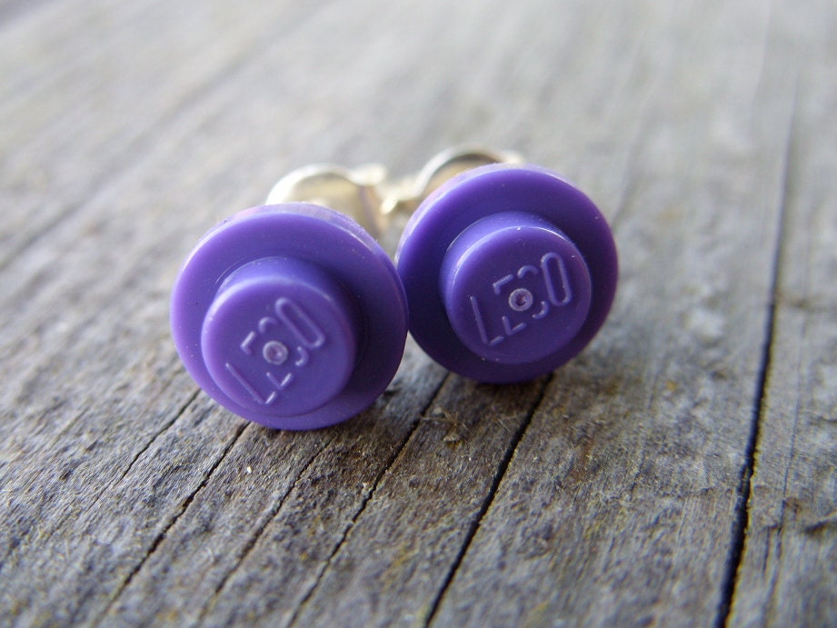 Lego post earrings lego jewelry lego earrings purple violet tiny small fun geek stud earrings toy