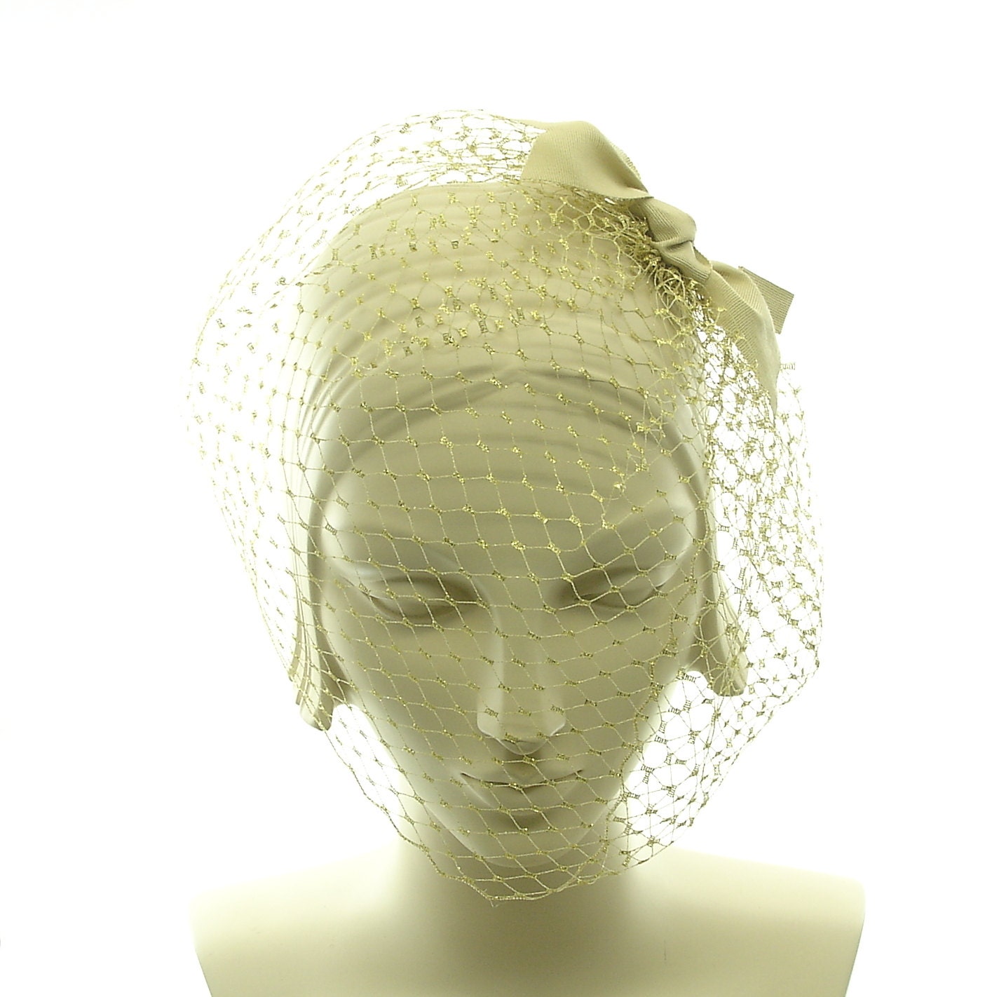 Gold Birdcage Veil - Mad Men Wedding Blusher Veil - Golden Face Veil - Ribbon Bow
