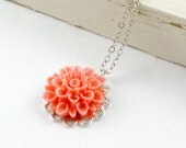 Coral Flower Necklace Dahlia Flower Necklace Bridesmaid Jewelry Silver Wedding Spring Summer - Silver Dahlia