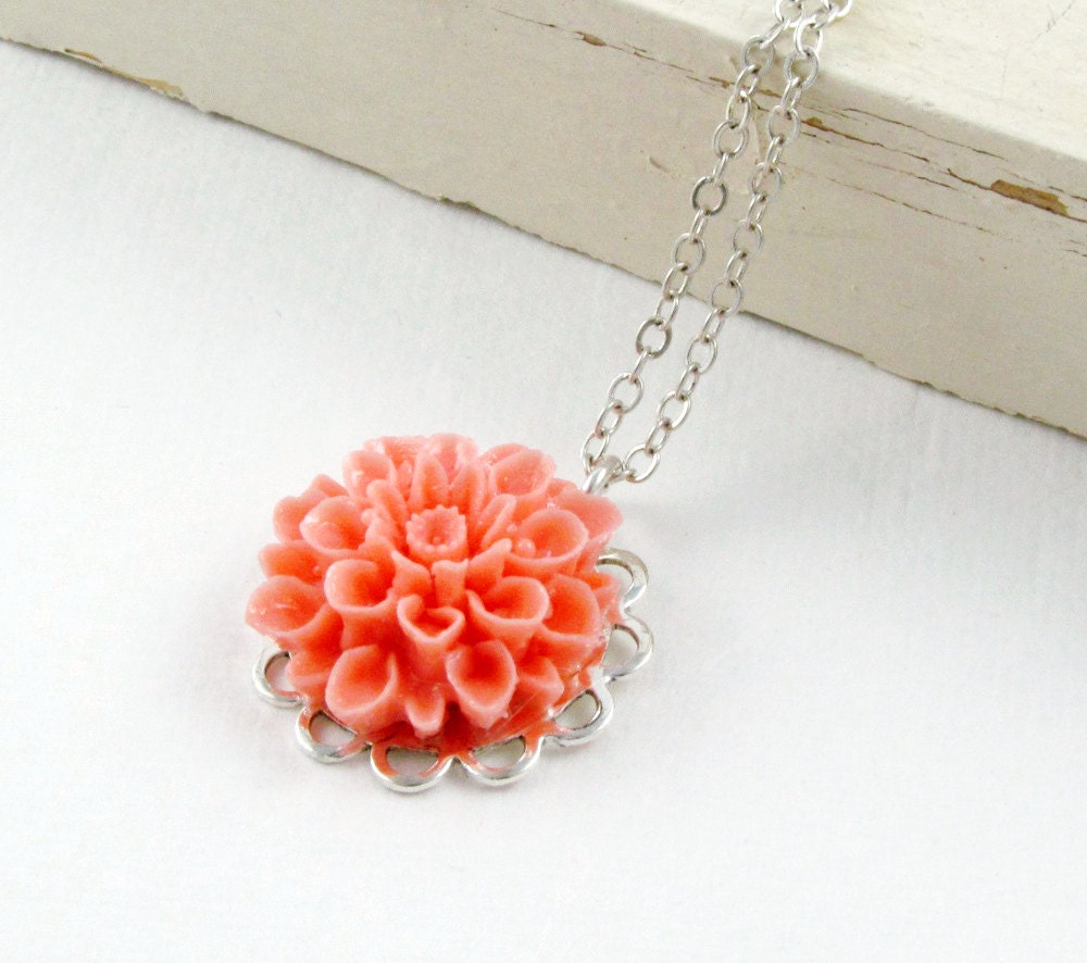 Coral Flower Necklace Dahlia Flower Necklace Bridesmaid Jewelry Silver Wedding Spring Summer - Silver Dahlia